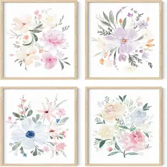 Summer Set of 4 Flower Posters, Wall Decor, Floral Prints, Wall Flower Pictures, Botanical Prints, (Unframed, 8x10)