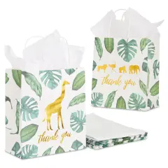 12 Pack Safari Thank You Bags with Tissue Paper, Wild One 1st Birthday Themed Decorations for Girls and Boys (8 x 9 x 4 In)