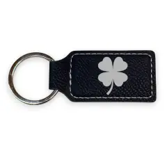 Keychain - Rectangle - 4 Leaf Clover - Leather - Irish Black/Silver