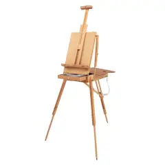 Grand Luxe French Easel - Oiled Beechwood Artist Easel with Brass Fittings, Adjustable Dividers, and Wood Palette- Plein Air Easel w/ Leather Handle and Linen Strap for Canvases up to 34" High