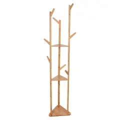 Large Bamboo Wood Clothes Tree Coat Hat Rack Corner Stand w 3 Tier Storage Shelf