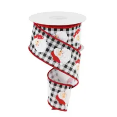 2.5" x 10yd Vertical Santa Heads Check Wired Christmas Ribbon - Black and White Buffalo Plaid with Red Edges -RGC165227