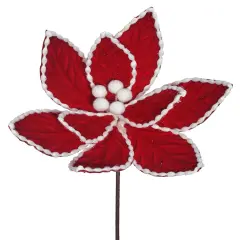24" Red Velvet Poinsettia Flower With White Cotton Bead Edge