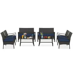 Costway 8PCS Patio Rattan Wicker Furniture Set Cushioned Sofa Armrest Coffee Table Navy