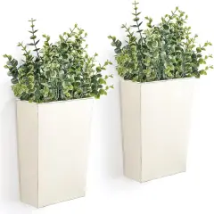 2 Pack Metal Wall Planter with Artificial Plants - Rustic White Hanging Vase for Farmhouse Decor