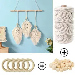 120 Pieces Macrame Kits for Beginners 3mm x 109yards Natural Cotton Macrame Cord with Wooden Beads & Rings,Wooden Sticks,Metal Rings Macrame Supplies Best for Macrame Plant Hanger