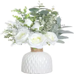 Silk Roses & Eucalyptus in Ceramic Vase Decor White