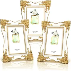 3 Pcs Vintage Picture Frame Trim Antique Ornate Resin Photo Frame with Easel and Hook for Tabletop Wall Art Decor Display Home Office(White,4x6 Inch)
