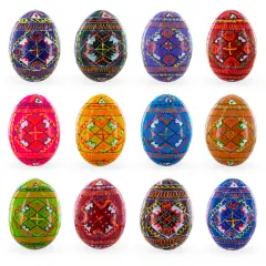 Set of 12 Handcrafted Geometric Ukrainian Pysanky Wooden Easter Eggs 2.5 Inches