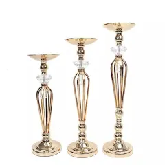 3 Gold Metal Crystals Pillar CANDLE HOLDERS Flower Ball Pedestal Stands Party