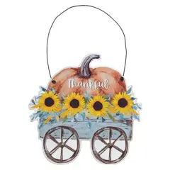 7"x7" Farmhouse Wooden Fall Wall Sign with Thankful Pumpkin and Sunflowers Wagon for Hanging Decor