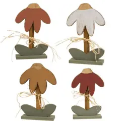 Wood Drooping Daisy Figurines Set with Raffia Bows, Rustic Decor 4 Asstd.