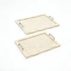 Bone & Resin Checkered Tray with Handle - Set of 2