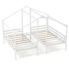 Double Twin Size Wooden Bed Frames with Built-in Table for Kids-White
