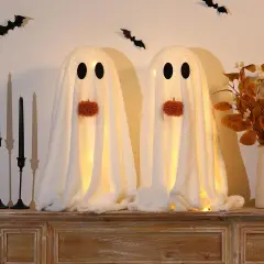 -2 Pack Light-Up Sherpa Ghosts with Pumpkin Halloween Decor