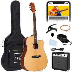 Best Choice Products Beginner Acoustic Electric Guitar Starter Set 41in w/ All Wood Cutaway Design, Case Natural