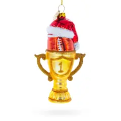 Football Trophy in Santa Hat Glass Christmas Ornament