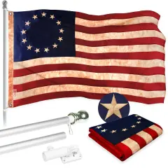 G128 Combo Pack: 6 Ft Tangle Free Aluminum Spinning Flagpole (Silver) & Betsy Ross Tea-Stained Flag 3x5 Ft, ToughWeave Pro Series Embroidered 420D Polyester | Pole with Flag Included