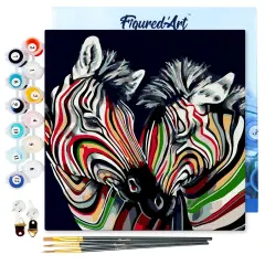 Figured'Art Mini Paint by Numbers Kit for Adults with Frame Couple of Colorful Zebras Small format 8"x8" - Craft Art Painting DIY Canvas Already Stretched on a Wooden Frame