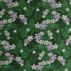 1 Yard Polynesian Tattoo Plumeria Tiare Floral Peachskin Fabric for Apparel 45 Inch Width Green