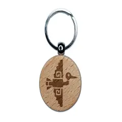 Tribal Southwestern Crane Bird Flying Engraved Wood Round Keychain Tag Charm