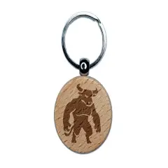 Minotaur Mythical Man Bull Creature Engraved Wood Round Keychain Tag Charm