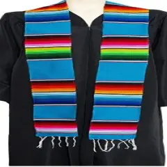 1 Yard Multicolor Mexican Serape Graduation Stole Sash Woven Handmade Fabric with Fringe 5 Inch Width Dark Turquoise