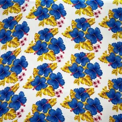 1 Yard Hibiscus & Tropical Leaves Cluster Peachskin Fabric 45 Inch Width White/Blue