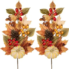 2PCS Artificial Pumpkin Pine Cone Maple Beech Leaves with Red Berries