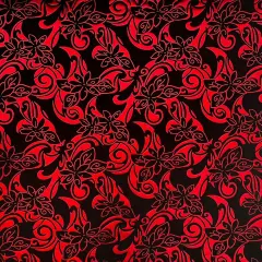1 Yard Shiny Foil Polyester Tiare Swirls Floral Fabric for Crafts 60 Inches Width Black/Red