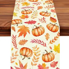 Pumpkin Fall Table Runner, Maple Leaf Autumn Thanksgiving - (Orange 2, 13x72 Inches)