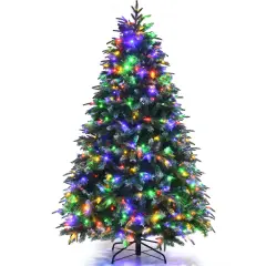 Costway 5/6/7/9ft Pre-Lit Snowy Christmas Hinged Tree 11 Flash Modes with 250/350/450/780 Multi-Color Lights