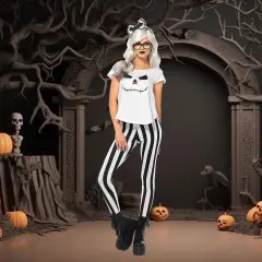 Women's Skeleton Hipster Costume Halloween Modern Skull T-Shirt Striped Leggings Dress Up Set