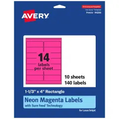 Avery Neon Magenta Paper Labels, 1-1/3" x 4" Rectangle