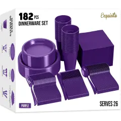 Exquisite 182 Pcs Plastic Plates for Party &ndash; Disposable Plates Set &ndash; 26 Each of 9" Dinner Plates, 7" Dessert Plates, Plastic Cups, Napkins & Plastic Cutlery &ndash; Plastic Dinnerware by Party Solids Purple