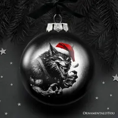 Werewolf Christmas Spooky Portrait Glass Ornament, Black Horror Halloween Tree Decoration