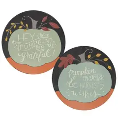Multicolor Wood Fall Plate with Teal Pumpkin Design and Quotes 2 Asstd.