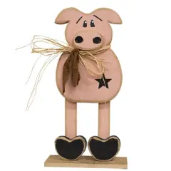 Light Pink Wood Pig Figurine with Raffia Bow, Rustic Farmhouse Decor