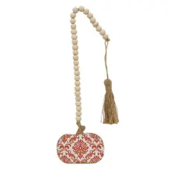 Seasonal Beaded Pumpkin Strand 20 Inch with Orange Wood Beads and Jute Tassel for Home Decor