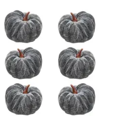 Set of 6 Grey Velvet Pumpkins with Plastic Stem for Home Decor