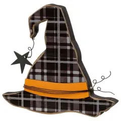 Buffalo Plaid Witch Hat Wooden Halloween Shelf Sitter with Orange Ribbon
