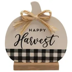 Buffalo Check Pumpkin Wooden Sitter for Mantel or Shelf Decor Happy Harvest