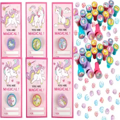 Tiny Mills 36 PACK Unicorn Cards with Unicorn Stampers for Valentine's Day Classroom Exchange