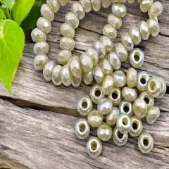 *25* 6x9mm Mercury AB Washed IvoryFaceted Large Hole Rondelle Roller Beads