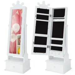 Costway Kid Freestanding Jewelry Armoire 2-in-1 Full Length Mirror Storage Drawer Pink/White
