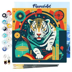 Figured'Art Mini Paint by Numbers Kit for Adults with Frame Tiger Art-Deco Inspired Abstract Small format 8"x8" - Craft Art Painting DIY Canvas Already Stretched on a Wooden Frame