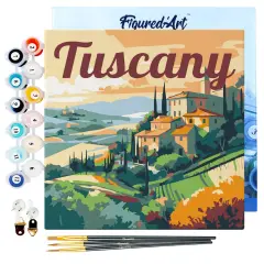 Figured'Art Mini Paint by Numbers Kit for Adults with Frame Travel Poster Tuscany Summer Small format 8"x8" - Craft Art Painting DIY Canvas Already Stretched on a Wooden Frame