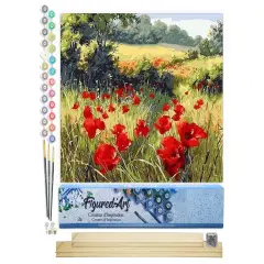 Figured'Art Paint by Numbers Kit for Adults Field of Poppies in the countryside 16"x20" - Craft Art Painting Rolled Canvas with DIY wooden frame