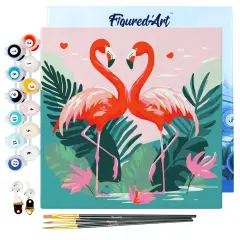 Figured'Art Mini Paint by Numbers Kit for Adults with Frame Tropical Flamingos Small format 8"x8" - Craft Art Painting DIY Canvas Already Stretched on a Wooden Frame