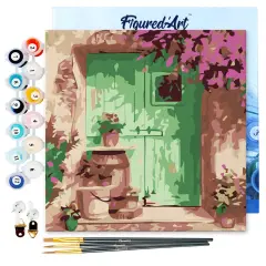 Figured'Art Mini Paint by Numbers Kit for Adults with Frame Green Door Small format 8"x8" - Craft Art Painting DIY Canvas Already Stretched on a Wooden Frame